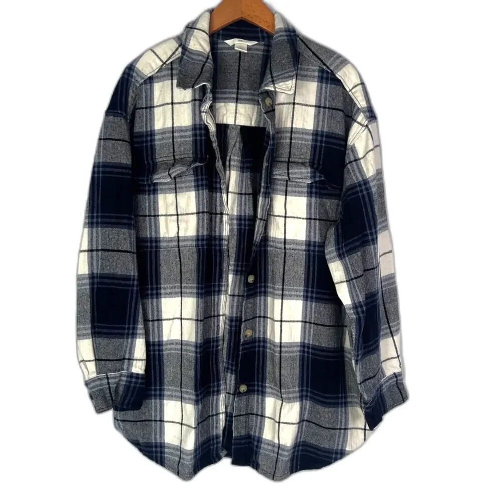 H&M Blue & White Plaid Button Front‎ Flannel Cotton Shirt Shacket Size Large